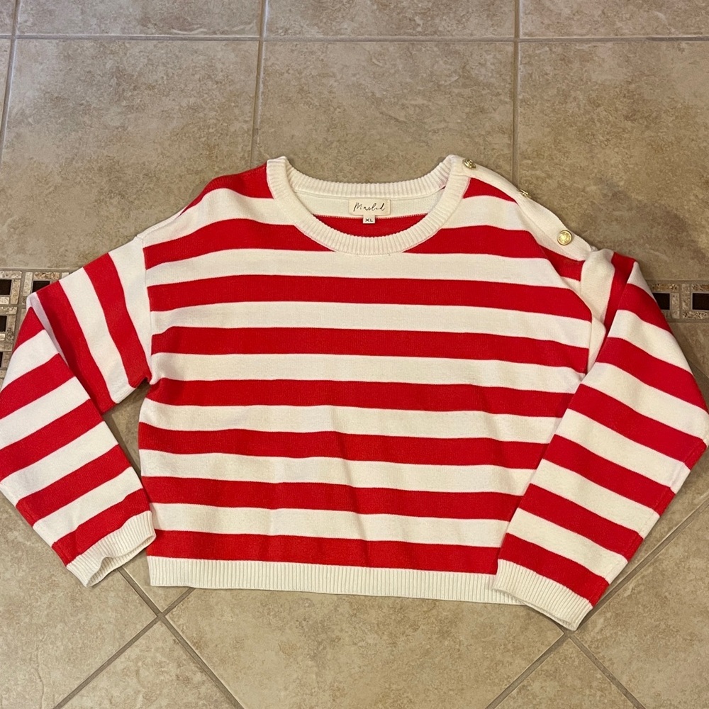 Marled Red and White Striped Sweater XL - Picture 4 of 10